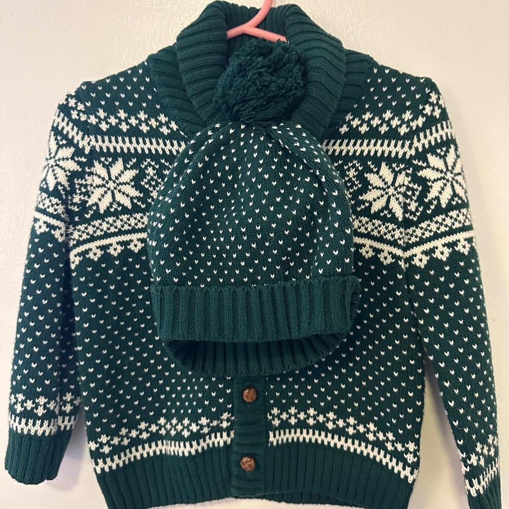 Tahari Green Button Down Winter Sweater with Matching Hat NWOT 12M
